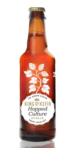 A bottle of King of Kefir Hopped Culture, using three aromatic hop varieties (Amarillo, Citra, Mosaic)