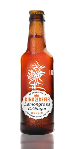 A bottle of King of Kefir Lemongrass & Ginger, a refreshing ginger drink with a gentle fizz and less than 10 kcal per bottle