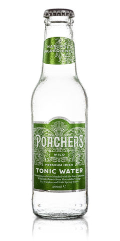 A bottle of Poacher's Wild Tonic Water, with wild elderflower from Macreddin Village, Wicklow, added for a floral touch
